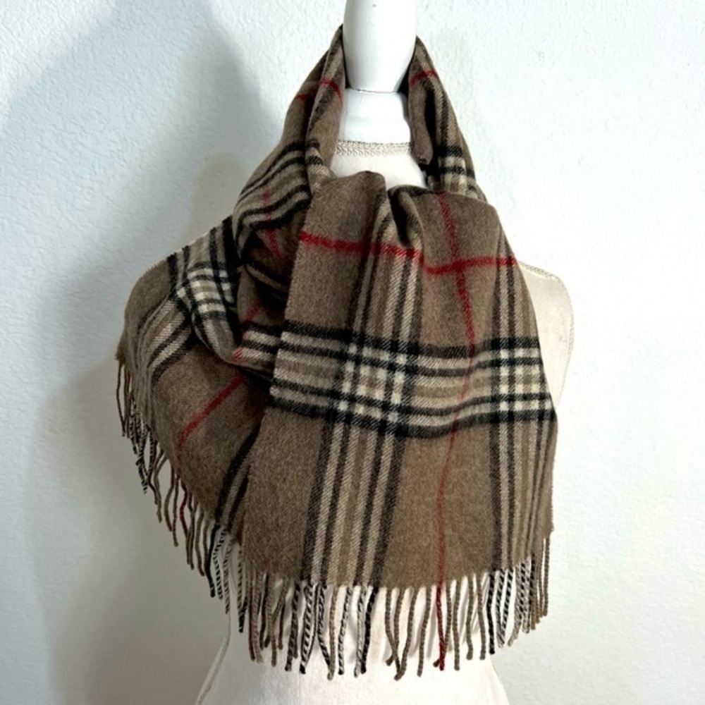 Wool Scarf Traditional Plaid Neutral Colors Made in Germany Twisted Tassels